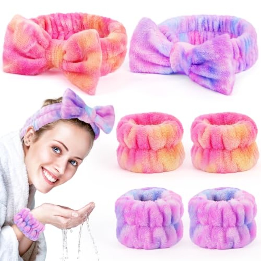 Winter Headband Fleece - 6 Pack Spa Headband with Wristbands:
