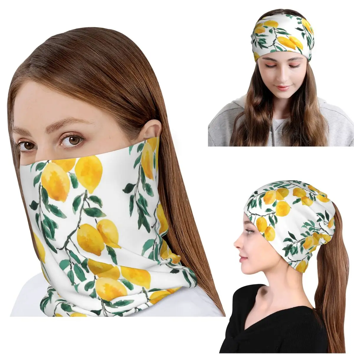 Knit Beanie Hat Warm - Hand Painted Yellow Lemon Watercol Bandana